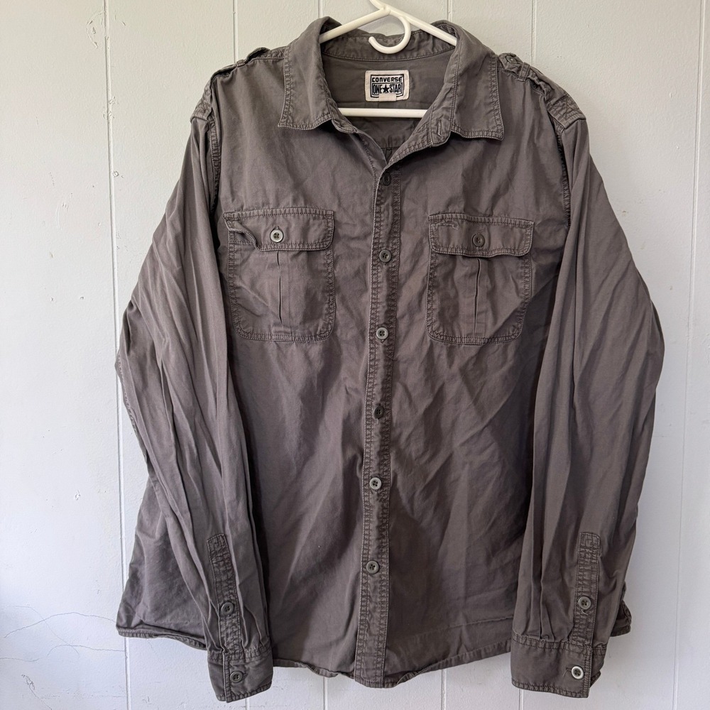 Converse One Star Mens XL Gray Cotton Military Utility Button Down Shirt